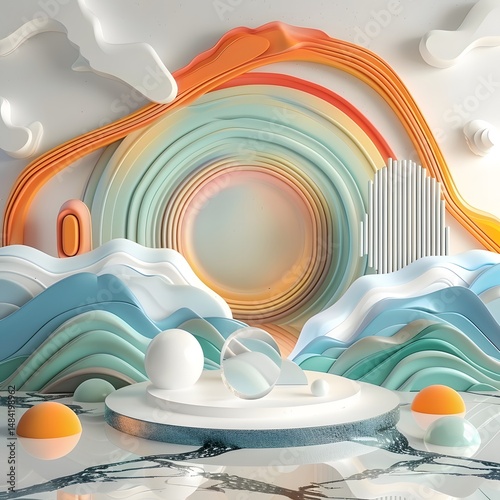Colorful Abstract Liquid Sculpture Landscape with Mountains.

