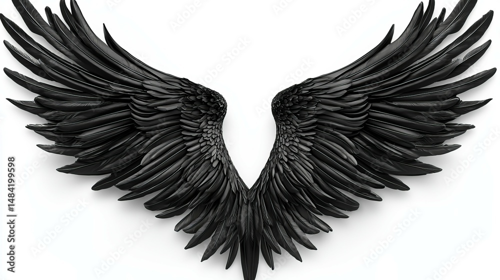 Obraz premium Elegant Black Feathered Wings Sculpture with Detailed Glossy Feathers Versus White Background, Symmetrical Digital Rendering of Majestic Angel or Bird Wings for Artistic, Religious,