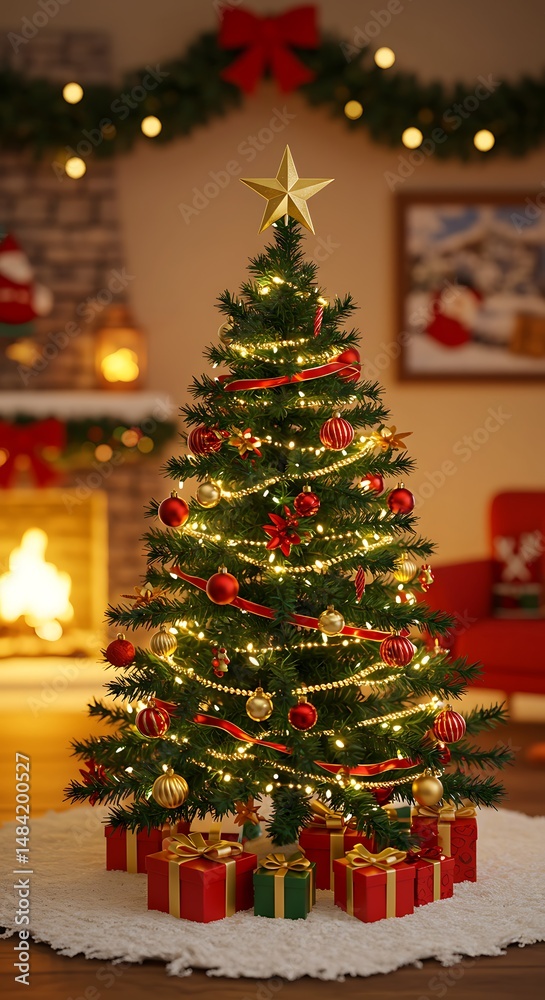 Christmas Eve Glow: Festive Tree & Cozy Fireplace AI Generated Christmas Eve Glow: Festive Tree & Cozy Fireplace AI Generated