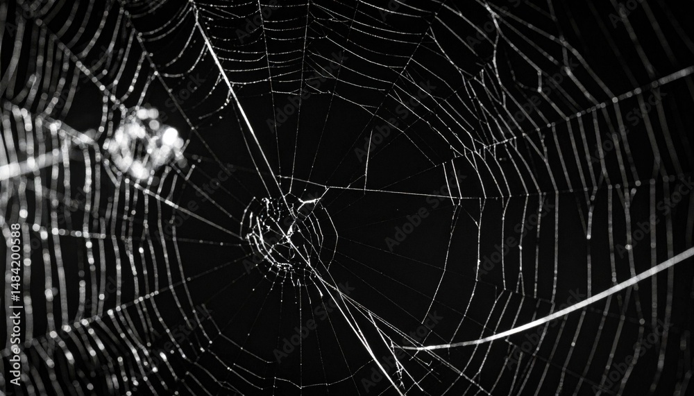 Naklejka premium Detailed Closeup Spider Web In Night