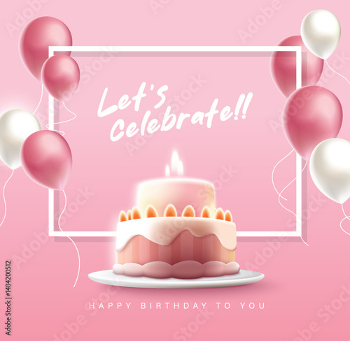 Happy Birthday celebration typography design with 3d birthday cake for greeting card, poster or banner. Vector illustration