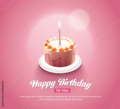 Happy Birthday celebration typography design with 3d birthday cake for greeting card, poster or banner. Vector illustration