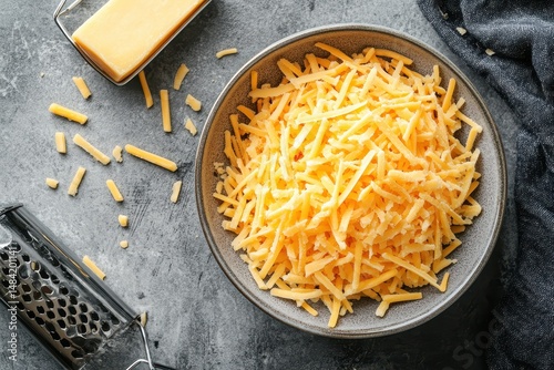 Bowl of shredded cheese with grater and block