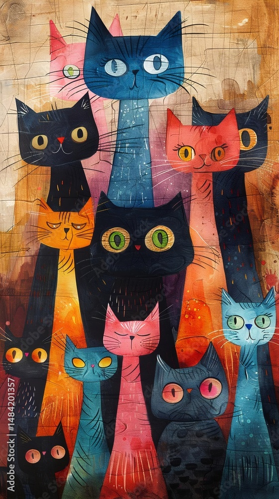 Obraz premium A whimsical illustration of cats with exaggerated features, unique eye colors, and playful expressions, depicted in a loose watercolor style with a colorful palette.