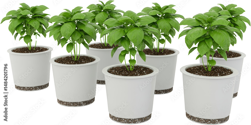 Fototapeta premium Fresh Basil Plants in White Pots Culinary Herbs Homegrown Produce Garden Greenery