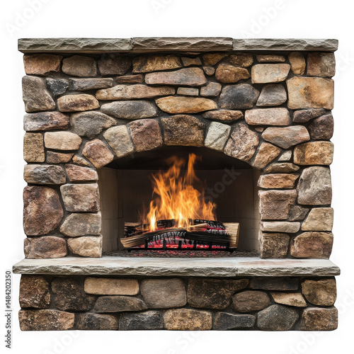Stone fireplace with roaring fire
