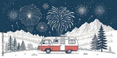 New Year's Eve Camper Van Line Art, Fireworks, Mountain Landscape, Winter Scene, Travel Illustration, Adventure Keywords New Year, Camping