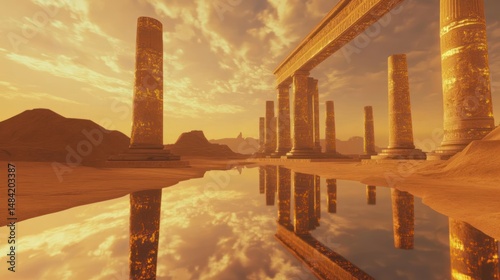 Golden Desert Temple at Sunset: A Digital Artwork