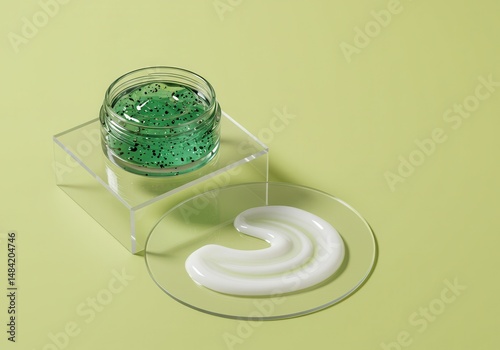 Green gel with black specks and white cream on clear pedestals against a green background