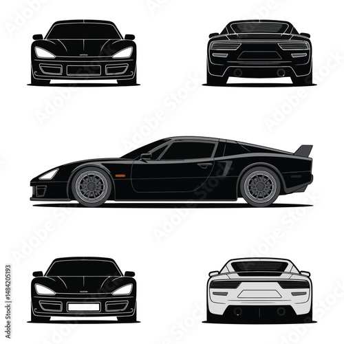 Dynamic Car Silhouette Vector Pack: Multiple Angles of a Contemporary Supercar for Graphic Assets