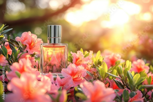 Fototapeta Naklejka Na Ścianę i Meble -  Scented fragrance bottle amidst blossoming flowers.