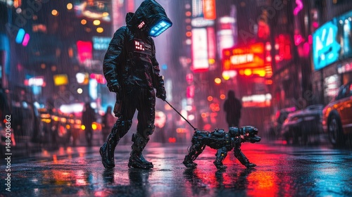 A cyberpunk-themed person walking their robotic dog in a neon-lit city --ar 16:9 --v 6.1 Job ID: 6aecc60a-10c8-499b-86c5-6b1c4ded8e5f