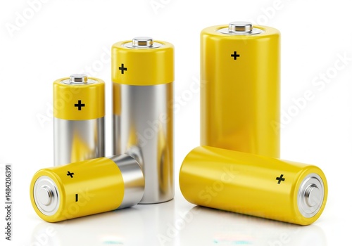Assortment of alkaline batteries in various sizes with yellow tops on white background