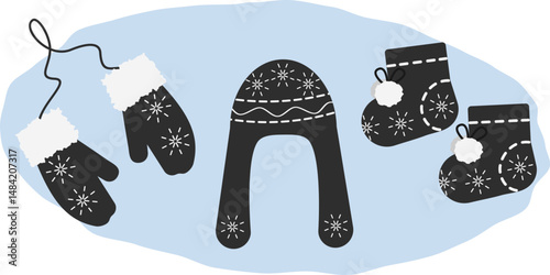Fur Mittens on rope Earflap Hat Cozy booties Winter Accessories with Snowflakes and stich decor Set