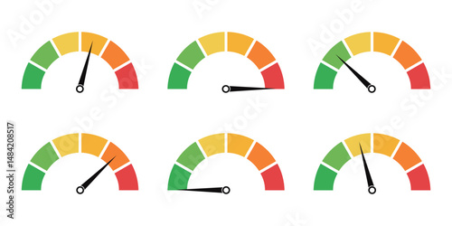 Risk meters. Gauge and icon of speedometer. Score of performance, speed, power, pressure and progress. Dial with low, medium and high level. Test on dashboard in car. Good or bad rating.