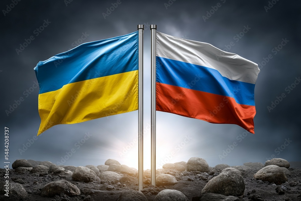 Ukrainian and russian flags waving together on rocky ground symbolizing conflict and peace efforts Ukrainian and russian flags waving together on rocky ground symbolizing conflict and peace efforts