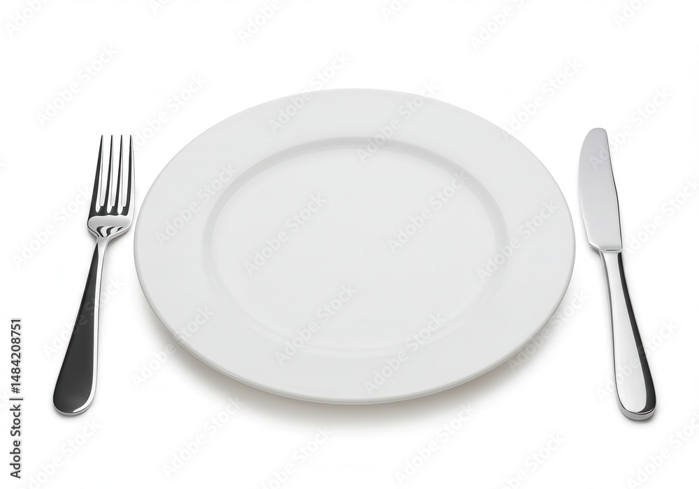 Empty white plate with fork and knife set against a white background Empty white plate with fork and knife set against a white background