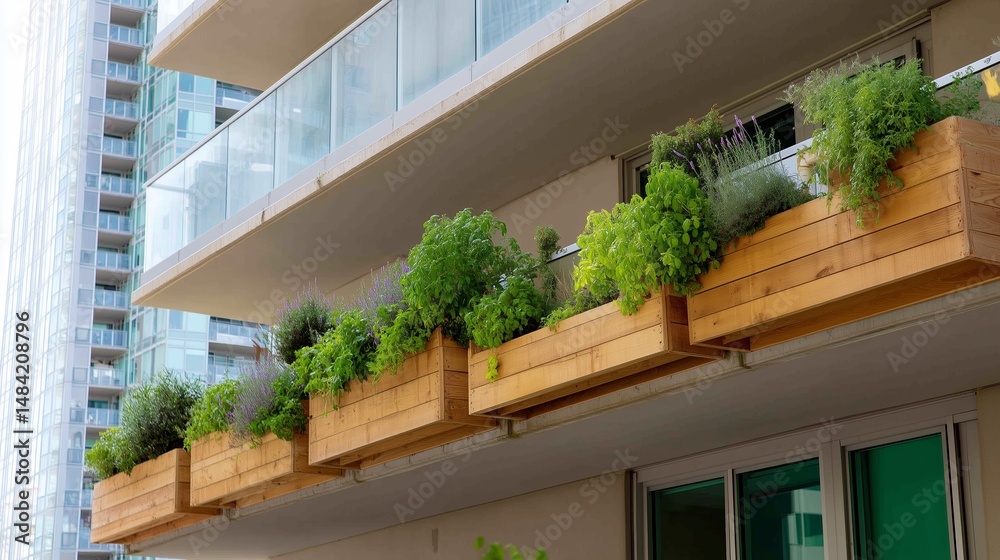 Urban balcony garden features lush herbs and greenery in a modern city setting