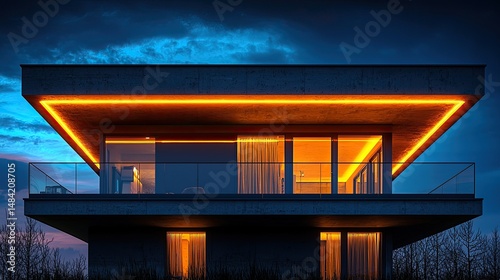 Modern House Illuminated At Night With Orange Lighting