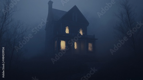 A dark, haunted Victorian house with glowing windows on a foggy night --ar 16:9 --v 6.1 Job ID: 2d9d45d8-1862-46f4-a008-04b78602bc44