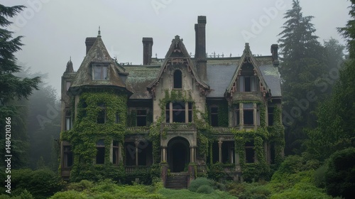 A decaying mansion with overgrown vines, eerie mist surrounding it --ar 16:9 --v 6.1 Job ID: a55f00e4-0460-4447-99b9-4c781bfe908b