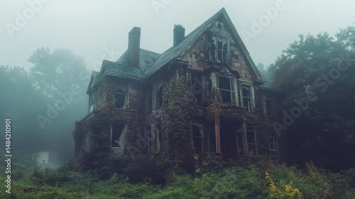 A decaying mansion with overgrown vines, eerie mist surrounding it --ar 16:9 --v 6.1 Job ID: a55f00e4-0460-4447-99b9-4c781bfe908b