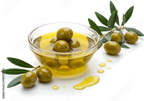 Green olives in oil with leaves on a white background