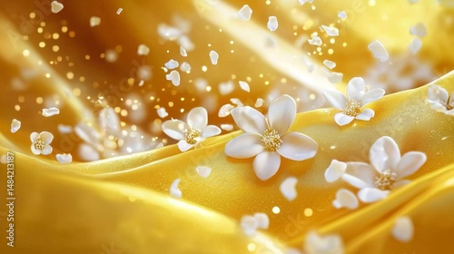 Ethereal yellow silk fabric delicately floating amidst petals. 