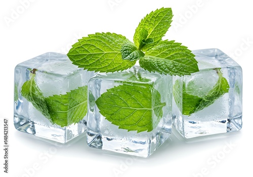 Three ice cubes with mint leaves on a white background