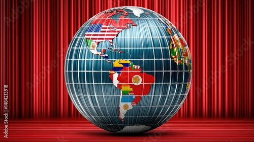 A globe with country flags displayed on continents stands against a background of red vertical curtains.