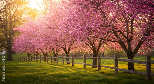 Sunlit Pink Blossom Trees, Wooden Fence, Spring Meadow
