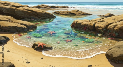 Calm tide pool paradise: A serene beach scene brimming with marine life and coastal beauty