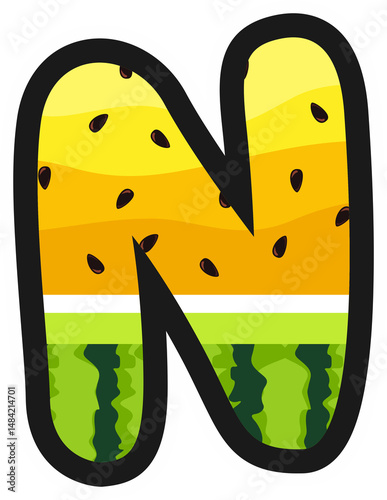 Cartoon alphabet letter N in yellow watermelon style with rind and seeds. Great for summer, kids themes, fruity designs, and fun food projects. Transparent background PNG.