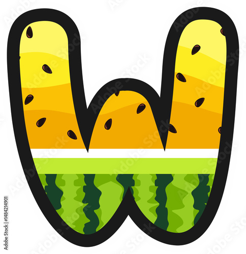 Cartoon alphabet letter W in yellow watermelon style with rind and seeds. Great for summer, kids themes, fruity designs, and fun food projects. Transparent background PNG.