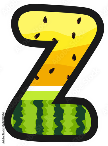 Cartoon alphabet letter Z in yellow watermelon style with rind and seeds. Great for summer, kids themes, fruity designs, and fun food projects. Transparent background PNG.