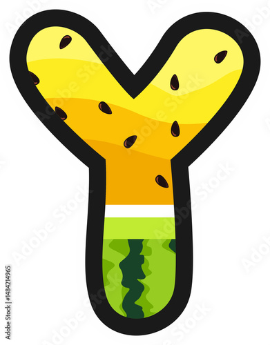 Cartoon alphabet letter Y in yellow watermelon style with rind and seeds. Great for summer, kids themes, fruity designs, and fun food projects. Transparent background PNG.