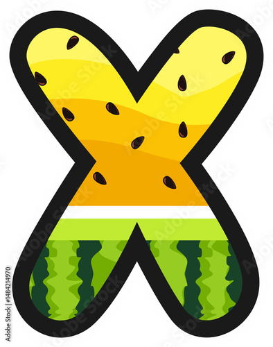 Cartoon alphabet letter X in yellow watermelon style with rind and seeds. Great for summer, kids themes, fruity designs, and fun food projects. Transparent background PNG.