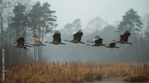 Sandhill Cranes Flying In Formation Over Foggy Wetlands