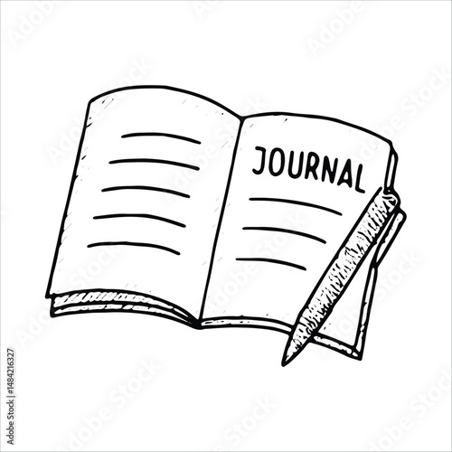 A black-and-white open journal with pen sketch, symbolizing journaling and self-reflection, ideal for mental health and wellness designs