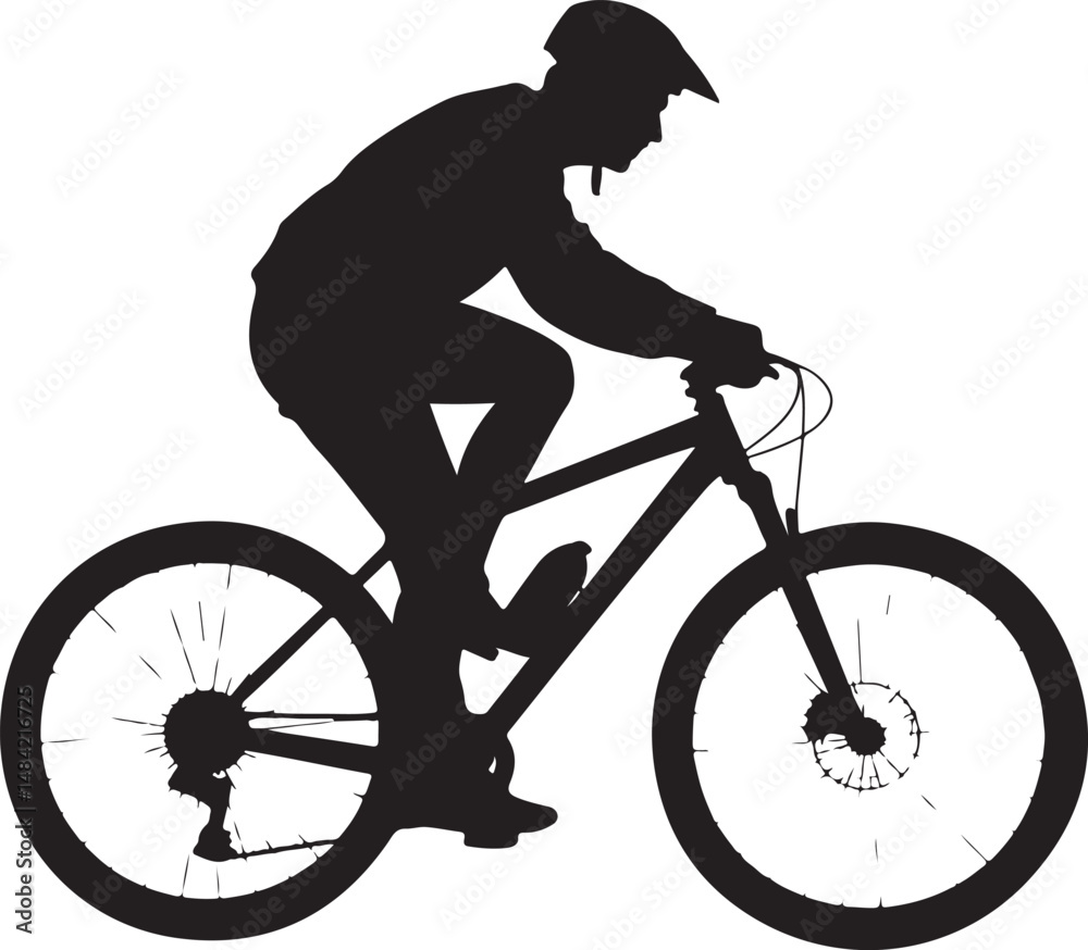 Fototapeta premium Mountain Biker in Action SilhouetteOff-Road Cycling Adventure VectorExtreme Downhill MTB SceneMountain Bike Rider Jumping SilhouetteCyclist on Rocky Trail Vector Design