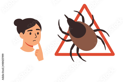 Flat icon of worried woman and warning sign with tick insect, health alert vector illustration – disease prevention concept