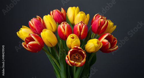 Red and Yellow Tulip Bouquet, Dark Background