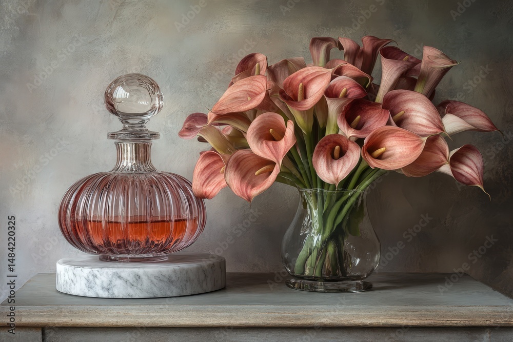 Still life of elegant flowers and glass decanter. Still life of elegant flowers and glass decanter.