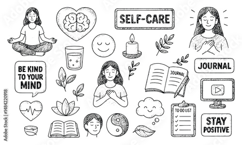 A black-and-white sketch collection featuring self-care themes with meditating women, journal, heart, brain, candle, and motivational phrases like "Be Kind to Your Mind" and "Stay Positive," ideal for