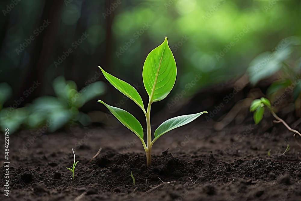 Fototapeta premium Young Green Plant Sprouting from Soil in Nature