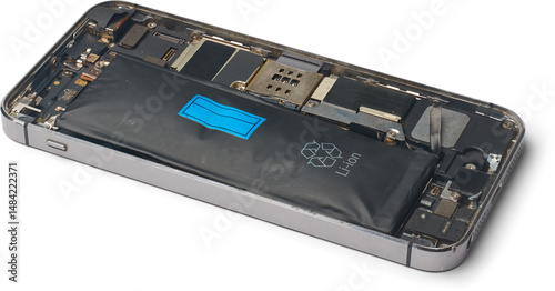 disassembled smartphone with dead and swollen lithium-ion battery isolated white background, back casing has been removed and reveals internal components