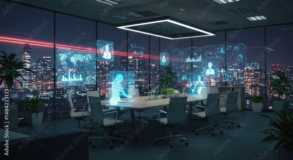 Fototapeta premium Modern Office Interior At Night With City View And Neon Tech Display