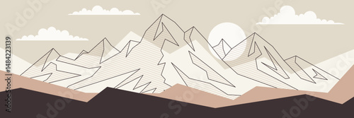 Minimalistic mountain landscape, geometric stylization mountain, sunrise and sun, vector illustration