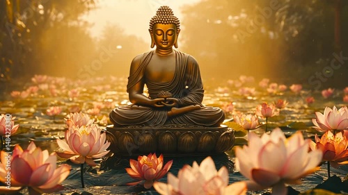 Serene buddha statue meditating amidst lotus flowers in golden light a peaceful zen aesthetic