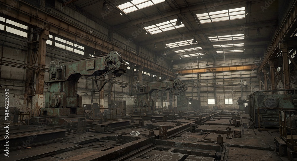 Industrial Wasteland: Interior of an Abandoned Manufacturing Plant with Machinery Industrial Wasteland: Interior of an Abandoned Manufacturing Plant with Machinery